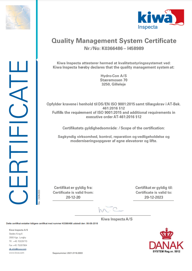 Quality Management Certificate | HYDRO-CON A/S